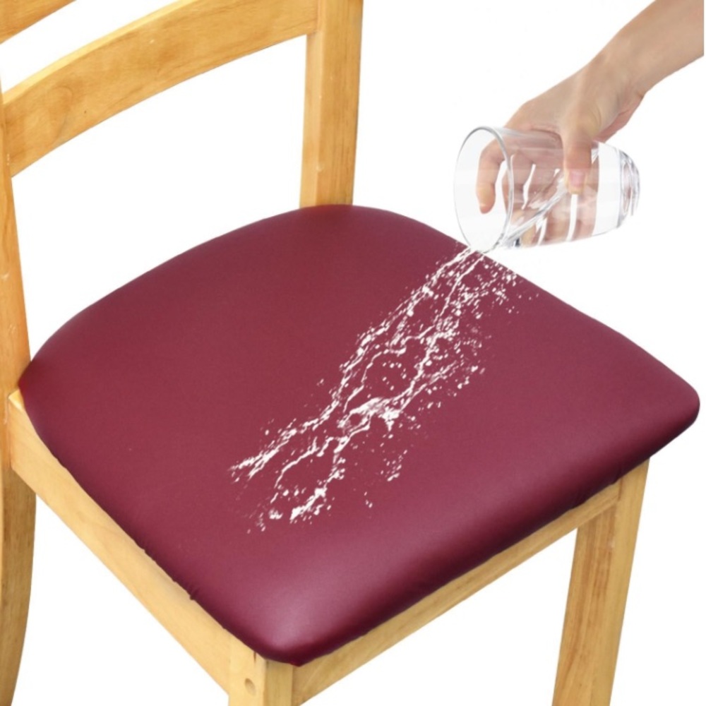 Leather Stretch Chair Seat Covers, Waterproof Dining Room (Wine Red, 2 PCS)